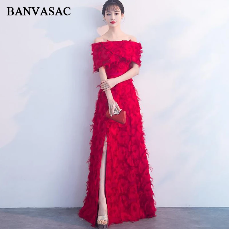 

BANVASAC 2018 Feathers Boat Neck Split Lace A Line Long Evening Dresses Party Short Sleeve Sash Backless Prom Gowns