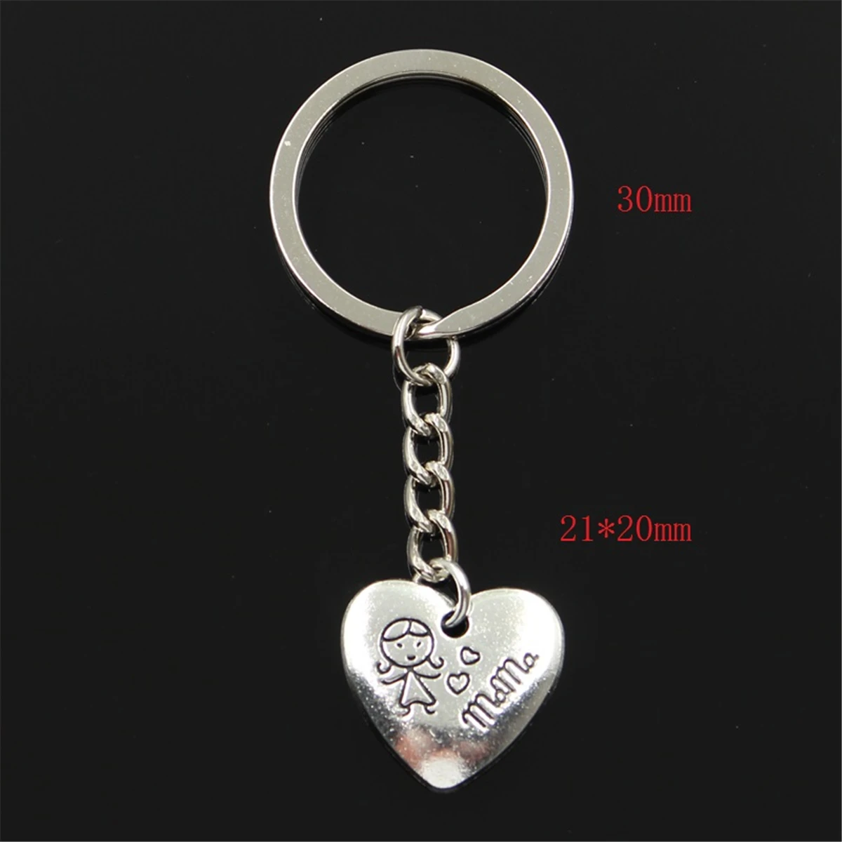 New Fashion Men 30mm Keychain DIY Metal Holder Chain Vintage Heart Mom Children 21x20mm Silver Color Pendant Gift