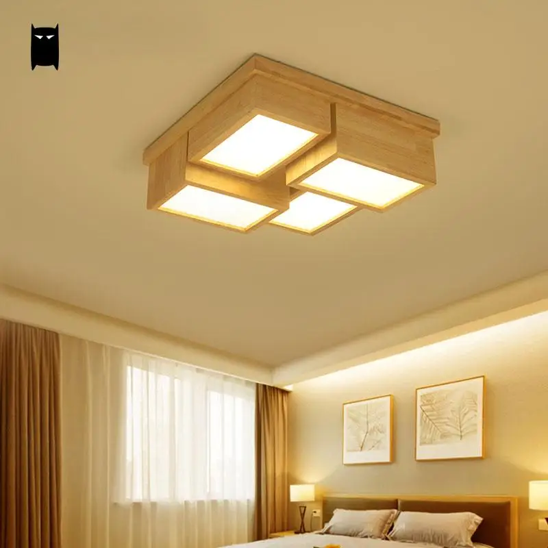 LED Wood Square Geometry Ceiling Light Fixture Japanese Nordic Plafon Lamp Lustre Luminaria Home Foyer Living Study Room Bedroom