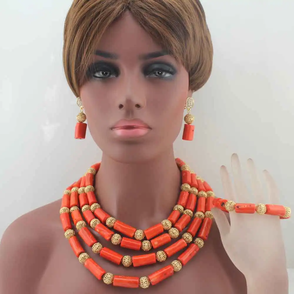 

Fashion Women Natural Coral Necklace Sets nigerian Wedding African beads Jewelry Set Dubai beaded Jewelry Sets Free ShipW13887