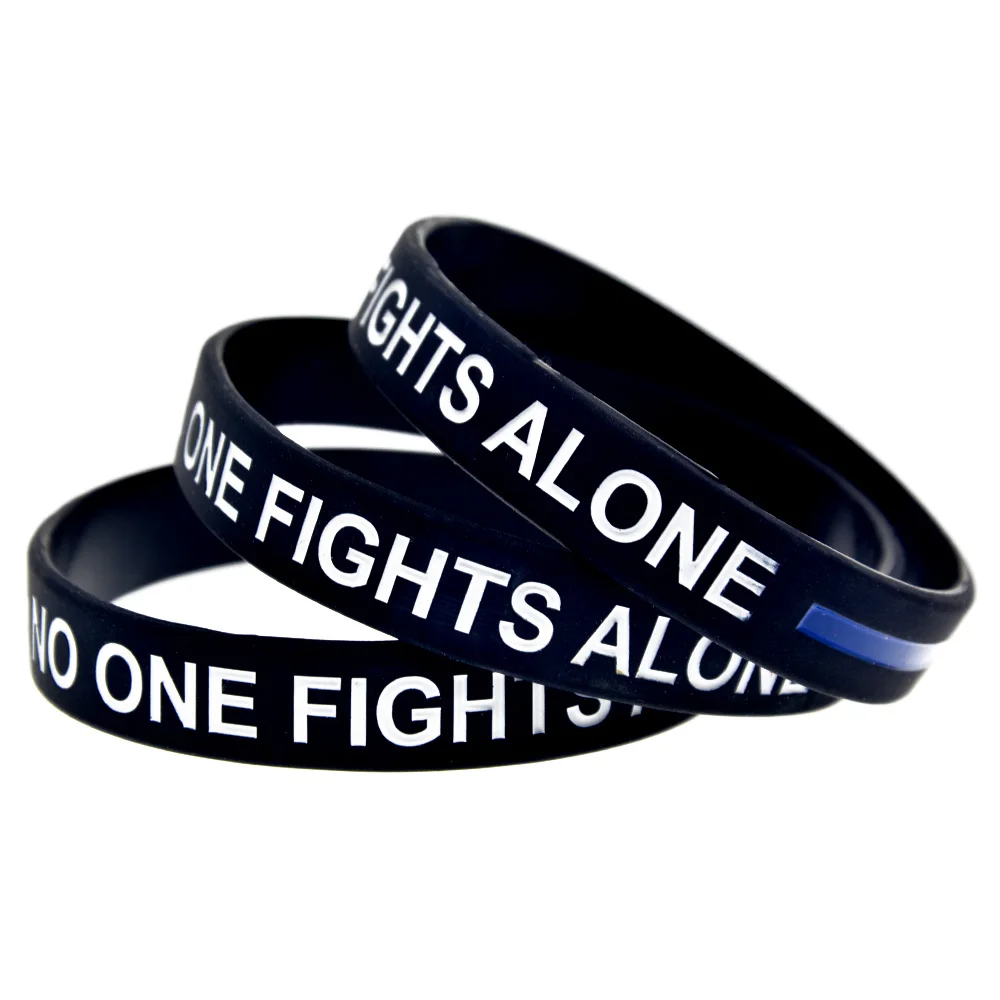 1 PC No One Fights Alone Blue Line Silicone Wristband Inspirational Bracelets Black Adult Size