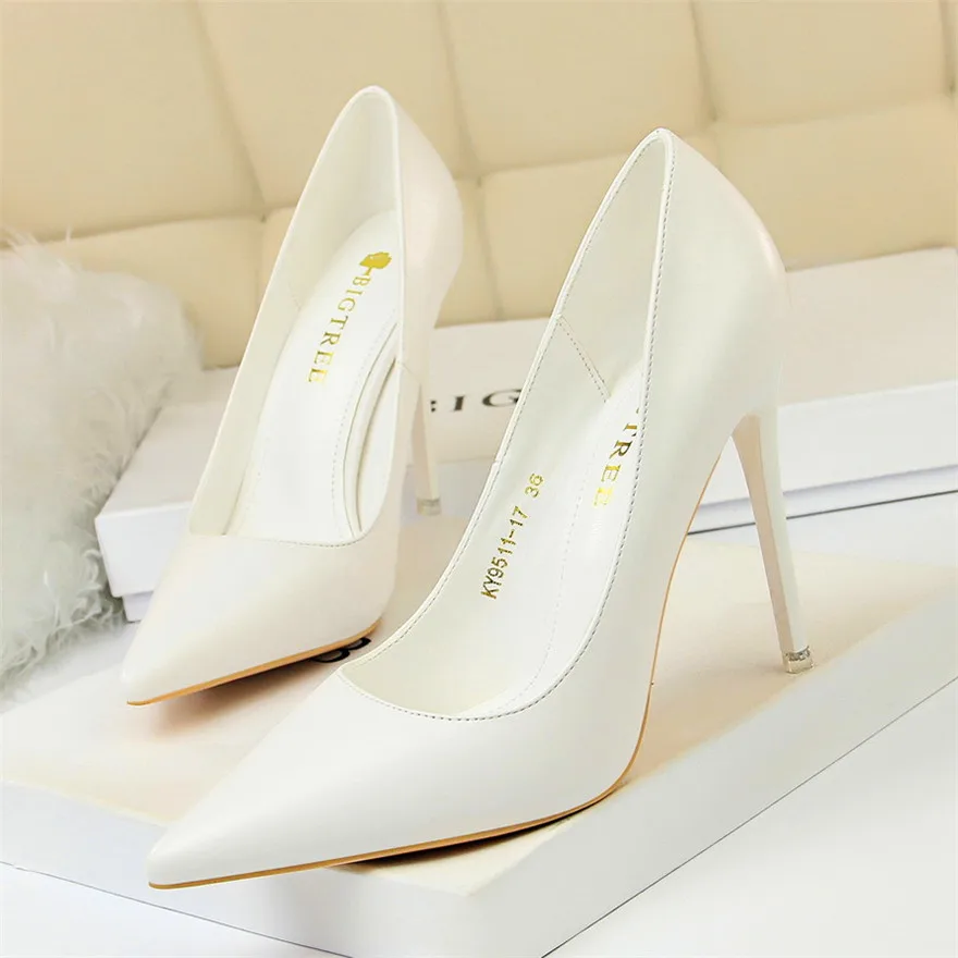 Soft Leather Concise High Heels 7.5/10.5cm Shoes Fashion Women Pumps Pointed Toe Slip On Candy Colors Office Woman Wedding Shoes