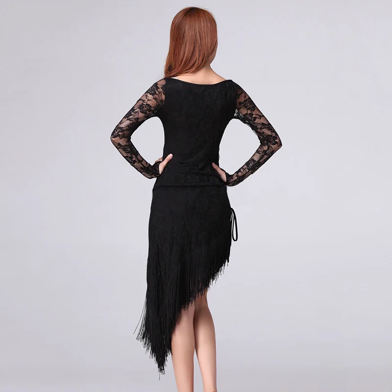 Retail Latin Dance Clothing Tassel Elegant Sexy Women Tango Ballroom Salsa Stage Dance Costumes Lace Patchwork Dance Top+Skirt