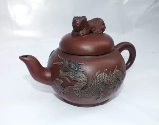 China Handwork Purple teapot carved dragon and phoenix tiger cover