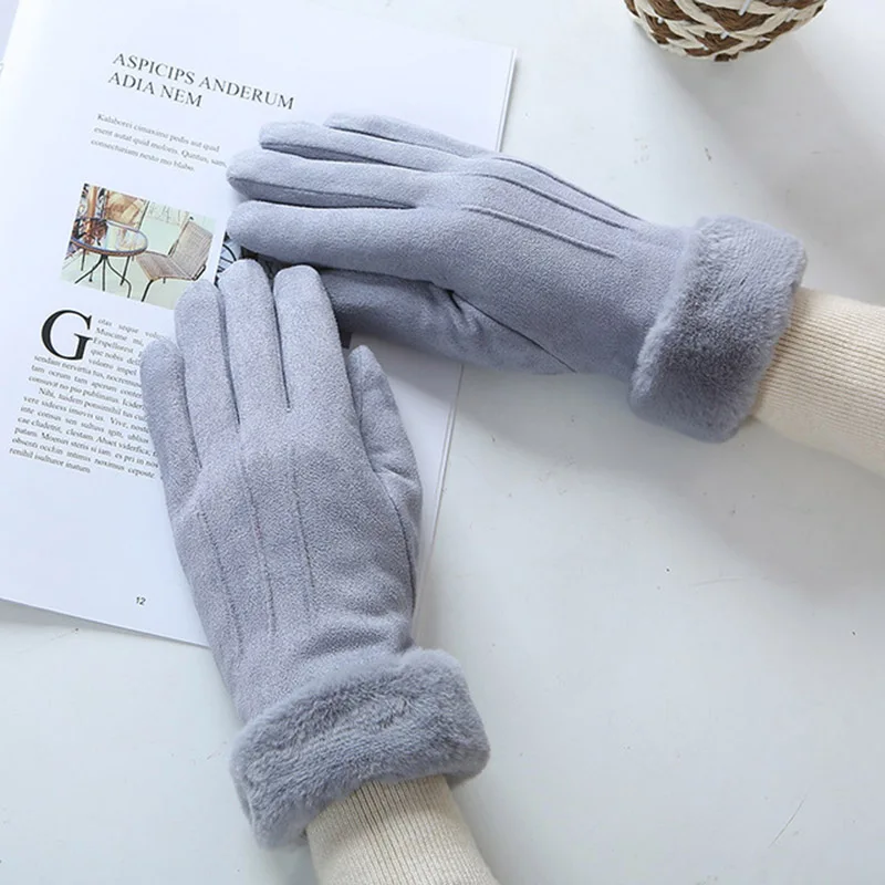 

Women Winter Warm Cashmere Three Ribs Cute Bear Mittens Double Thick Plush Wrist Suede Leather Touch Screen Driving Gloves C4