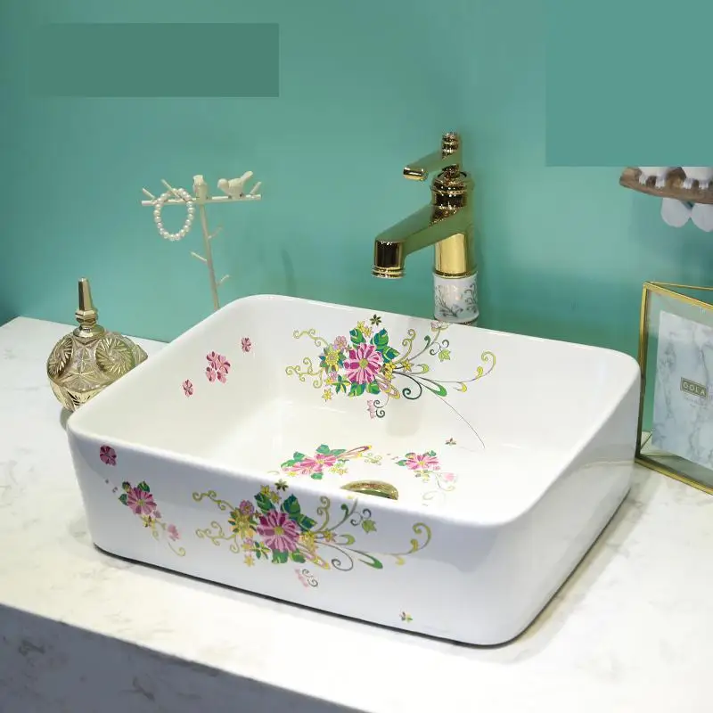 

Jingdezhen Chinese wash basin vessel sinks Art Counter Top ceramic bathroom countertop basin sink porcelain rectangular