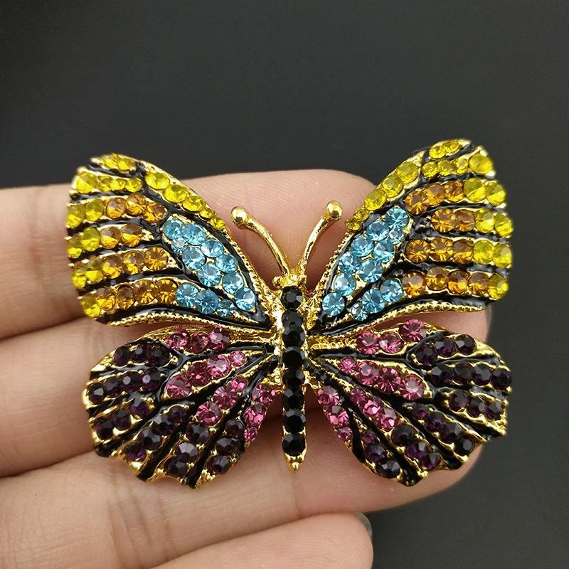 100pcs/lot Cute Butterfly Brooch Pins Mixed Colorful Crystals Luxury Oiled Butterfly Pins