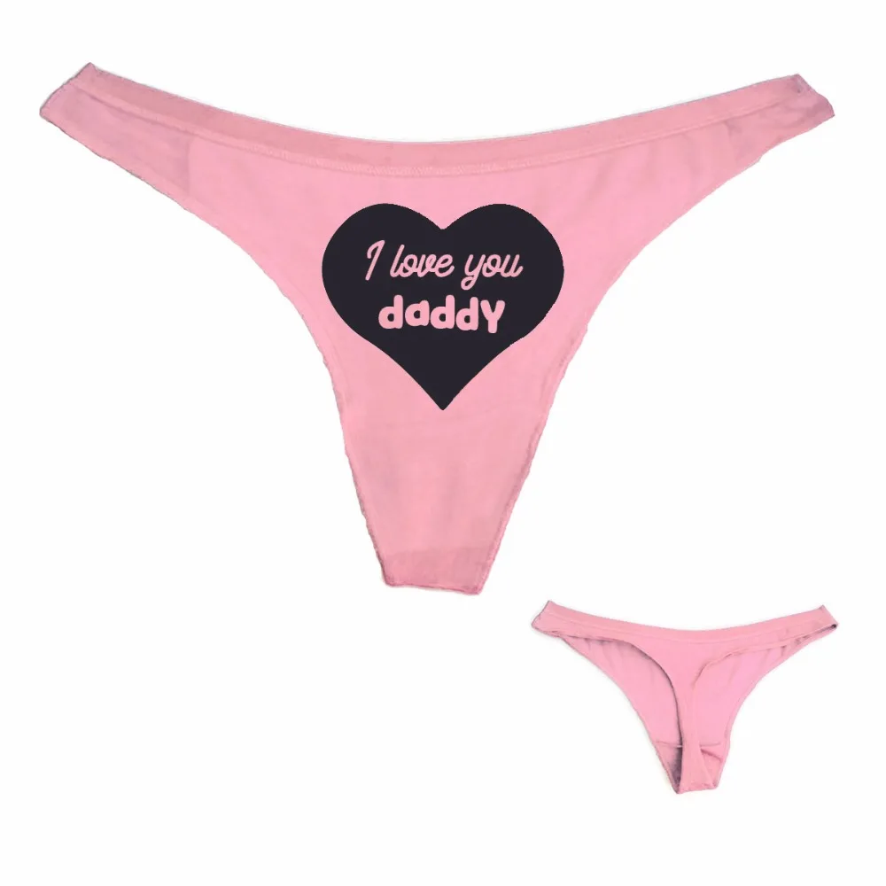 Dong King Lady Thong I love you daddy Heart Print Funny Quote Women Sexy Cotton Panties Underwear Black White Pink Large