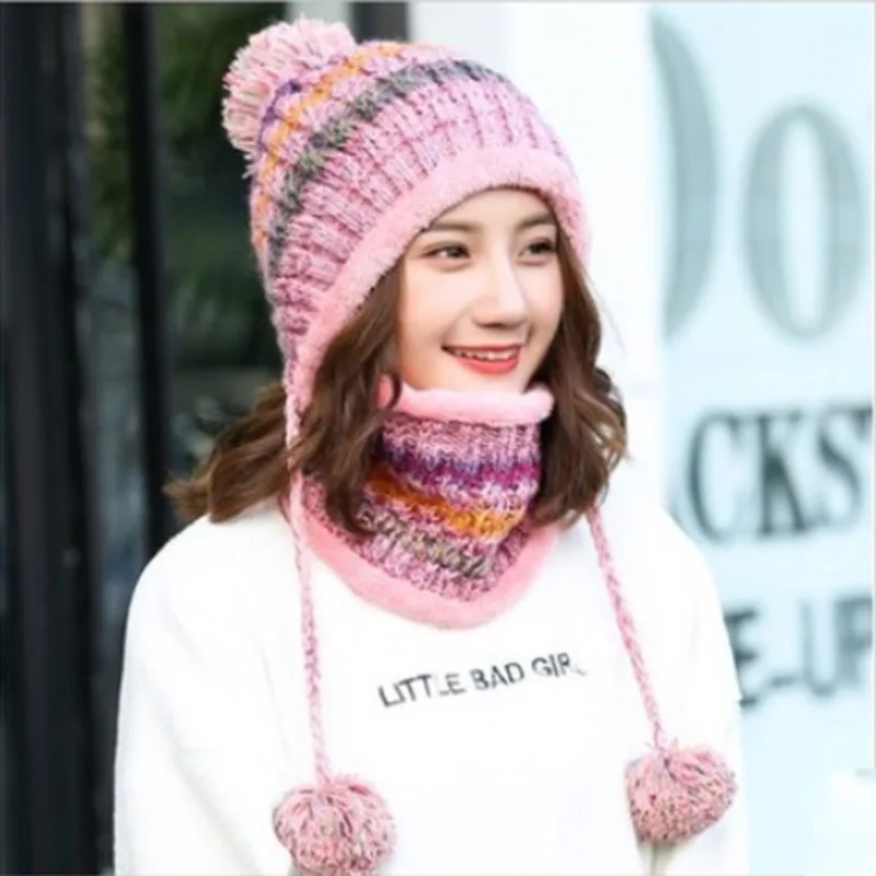 MAERSHEI 2020 winter hat female knit plus velvet thickening wild hair ball cap collar set Korean version of the warm contrast co