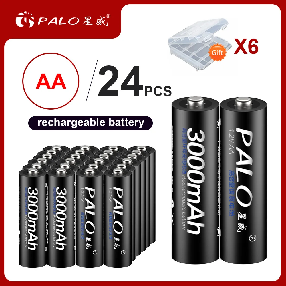 

PALO, 100% оригинал, 24 шт., AA аккумулятор, aa, аккумуляторные батареи, 3000 мАч, 1,2 в, AA Ni-MH, для камеры, игрушечный автомобиль, прочный, с защитой от падения