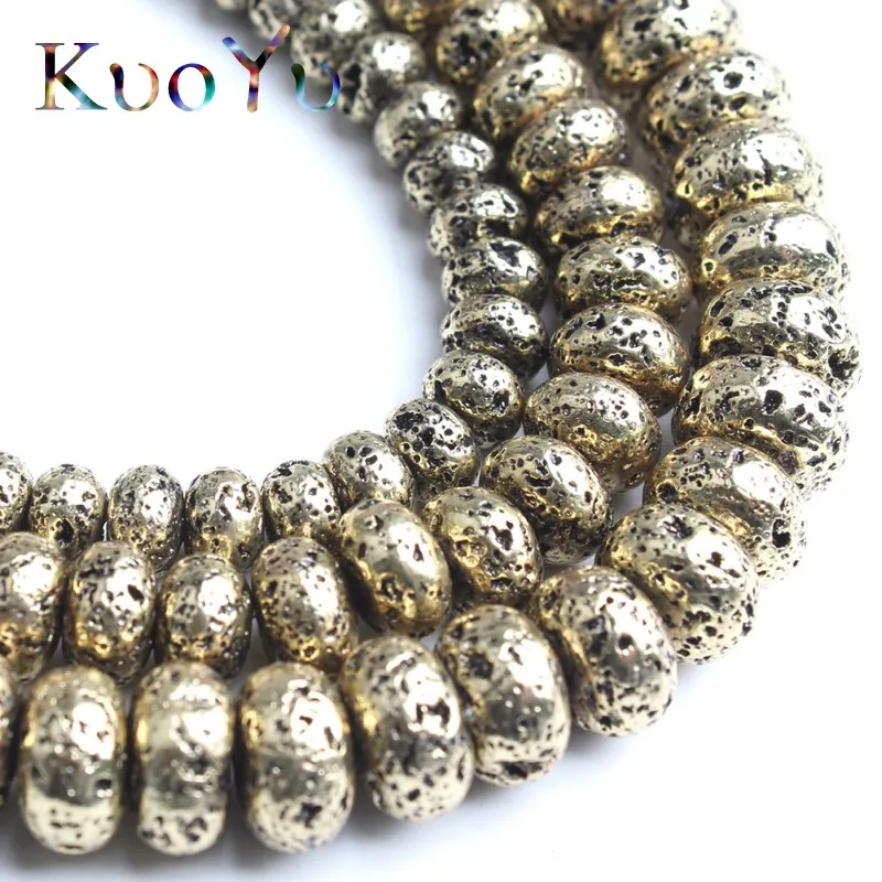 Natural Lava Volcanic Stone Rose Gold Black Silver Plated Flat Shape Loose Beads For Jewelry Making DIY Bracelets 15\'\' 6/8/10mm