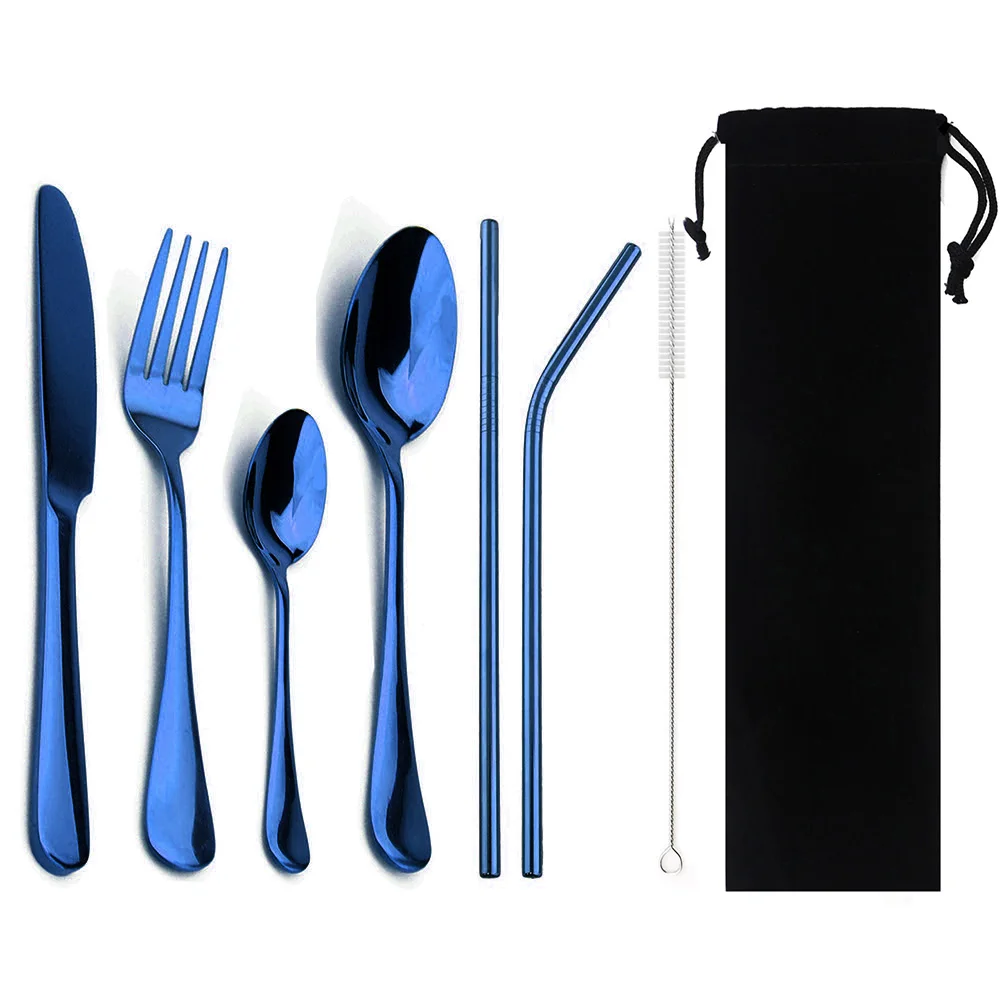 8-Pcs Black Portability Dinnerware Metal Straw Stainless Steel Colorful Tableware Steak Knife Fork Teaspoon Dinner Cutlery Set