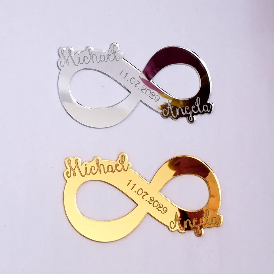 

20pcs 8cm Personalized Bride Groom Name Wedding Guest Gifts Infinity Sign Custom Acrylic Mirror Tag Party Decor Lovers Favors