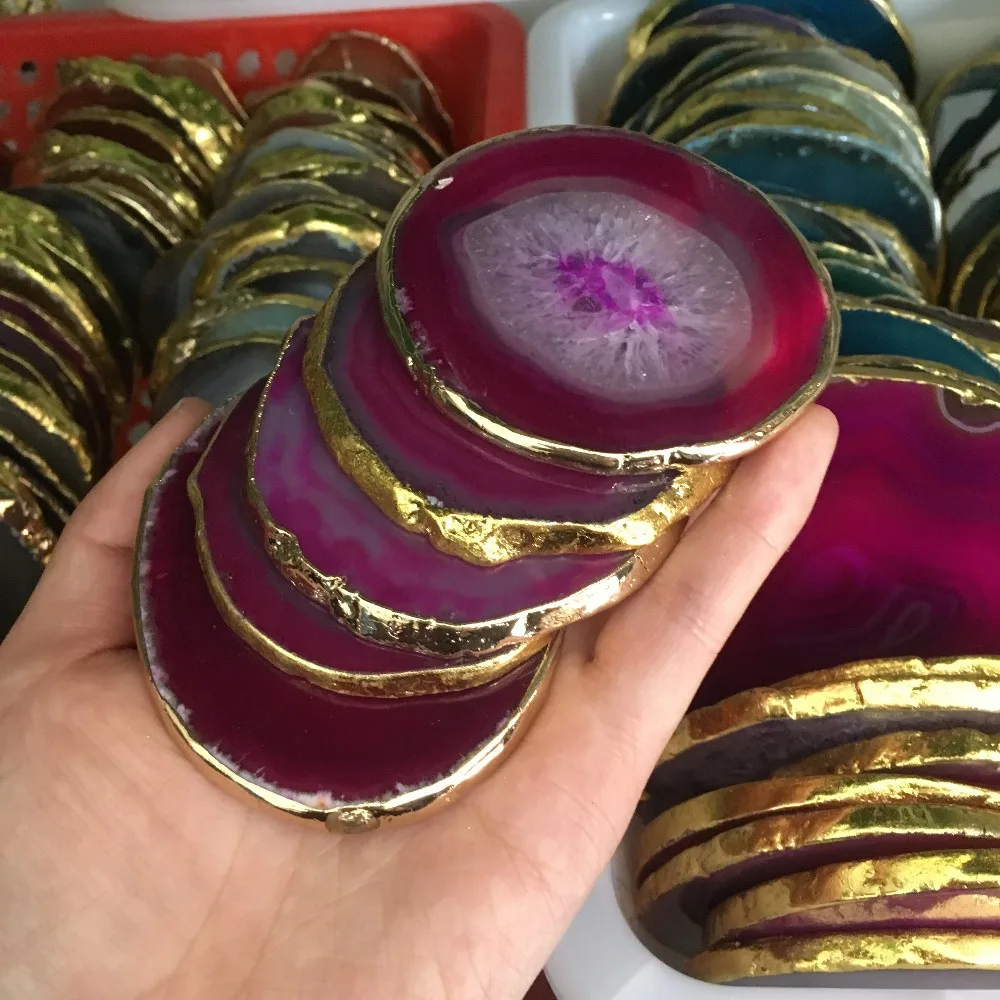 1pcs natural agate Geode piece insulated coasters crystal board jade agate coasters with gold-plated lace mineral trim