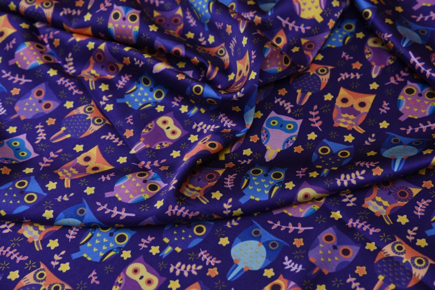 

Digital printing mulberry silk stretch satin fabric coth purple owl cute 1.08 meters wide