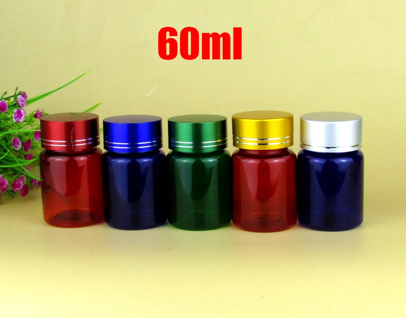 

100pcs 60ml Pills Containers, Plastic Bottle, Powder Bottles, Empty Bottles, Capsule Bottle, Tablets Bottles 5 Colors Metal Caps