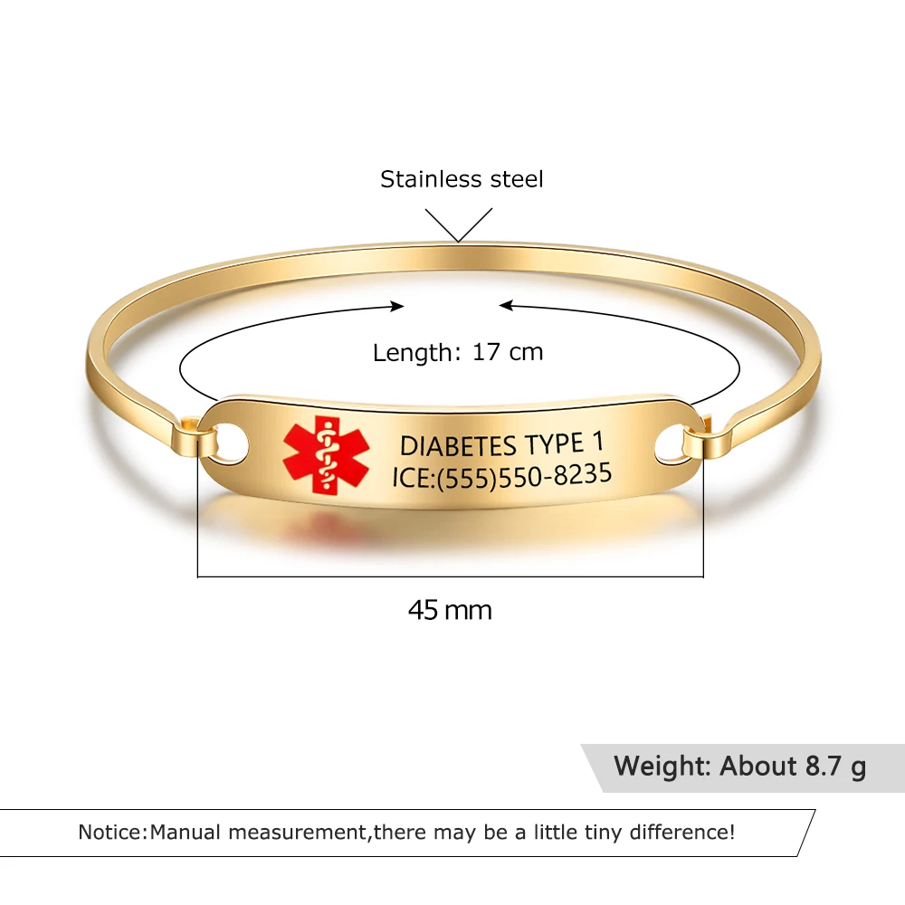 Customized Medical Alert ID Bracelet Stainless Steel Jewelry Engraved Name 2 Colors Emergency Remind Bangle for Women (BA102475)