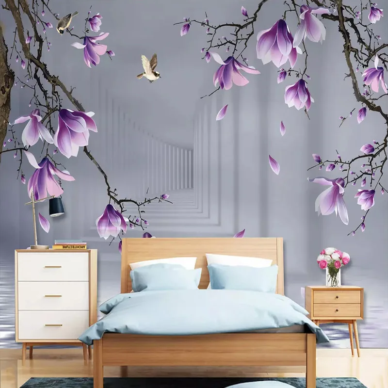 Papier peint 3D sur mesure pour la décoration intérieure, motif magnolia violet, oiseau, fleurs, espace, salon, TV, fond de canapé