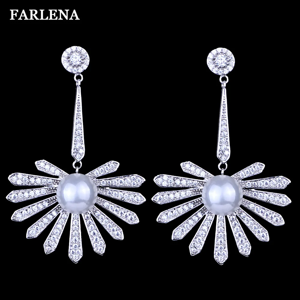 

FARLENA Jewelry Silver Plated Long Party Earrings Inlay with Cubic Zirconia Fashion Female Simulated Pearl Drop Earrings