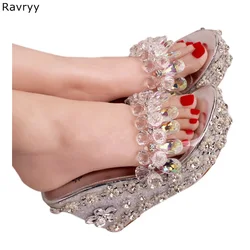 Crystal Shoes Woman sandals bling bling rhinestone flowers decor slip-on Sexy Pumps wedges high heel female wedding dress shoes