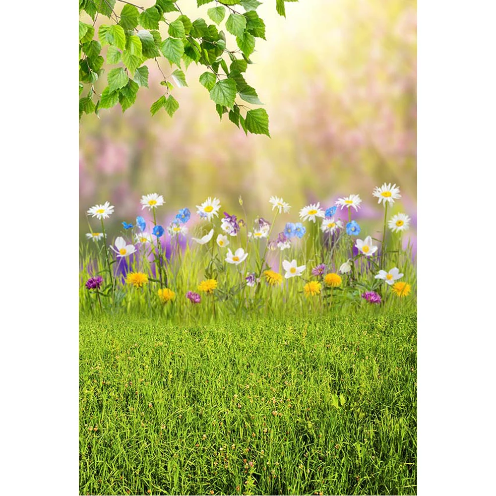 

Bokeh Sunshine Green Tree Leaves Photography Backdrops Spring Newborn Baby Props Colorful Flowers Easter Background Grass Floor