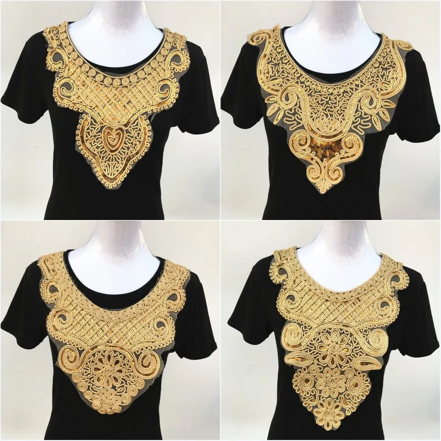 1pcs Craft Gold Neckline collar Venise Sequin Floral Embroidered Applique Trim Decorated Lace Neckline Collar Sewing Accessories