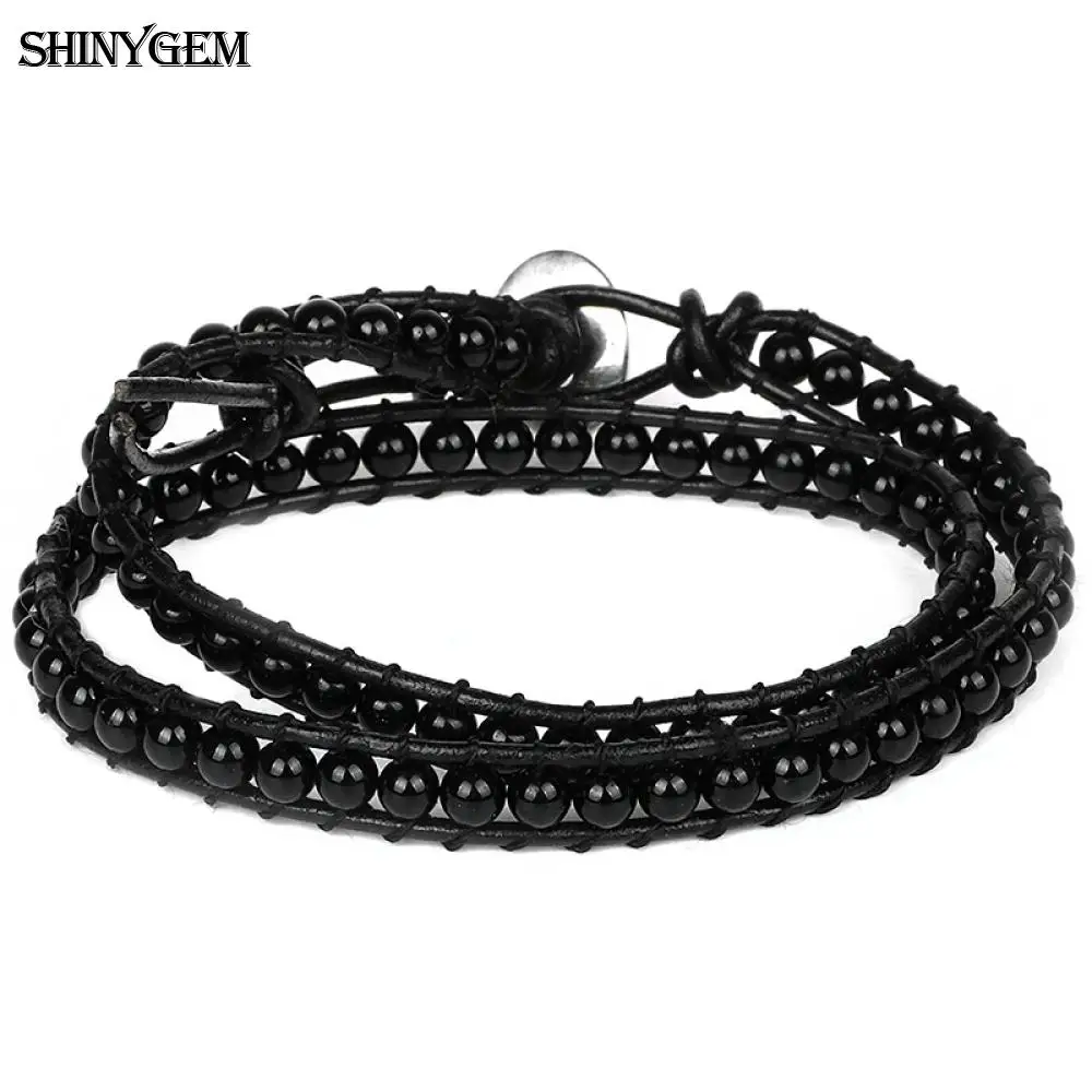 

ShinyGem Fashion Rhinestone Bracelets 4mm Agates Crystal Natural Stone Double Loop Handmade Leather Wrap Men