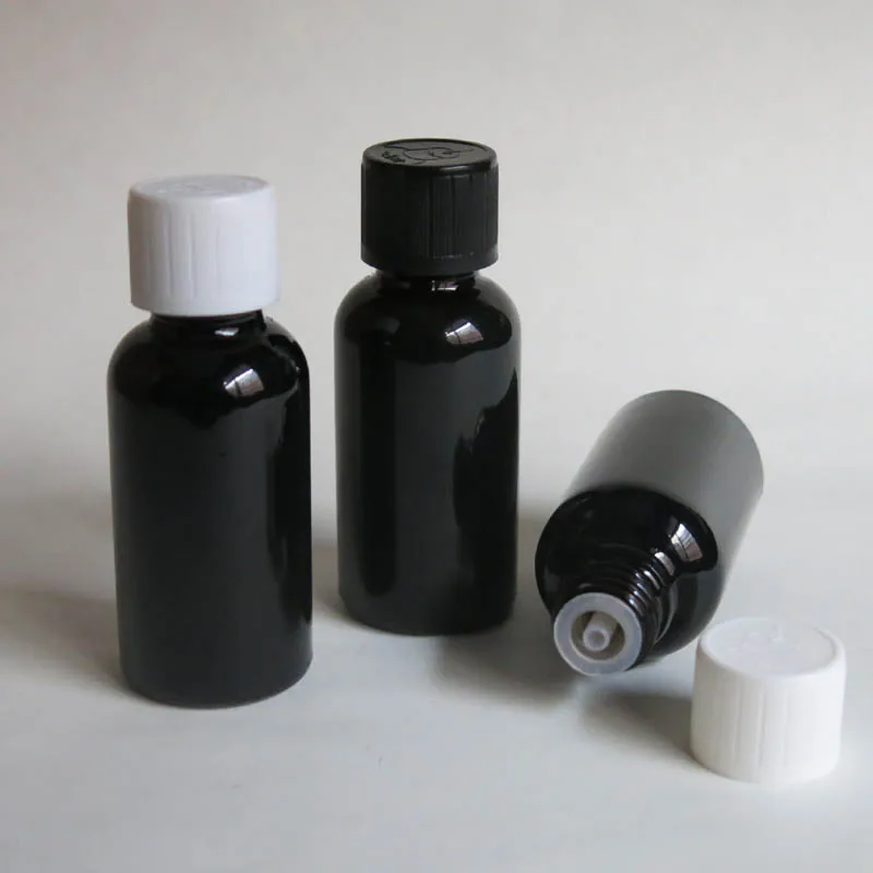 

wholesale 30ML Black Glass Bottle with plastic cap ,Serum container 30CC Sample Vials Essential Oil Bottle with white screw cap