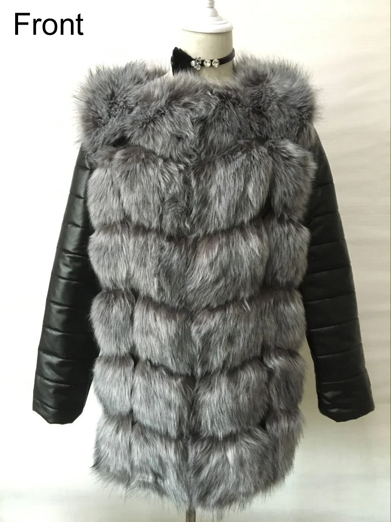 S-4XL Fashion Autumn Winter Coat Women Faux Fox Fur Coat with PU sleeve Female Fake Fur Jacket gilet chalecos de pelo mujer