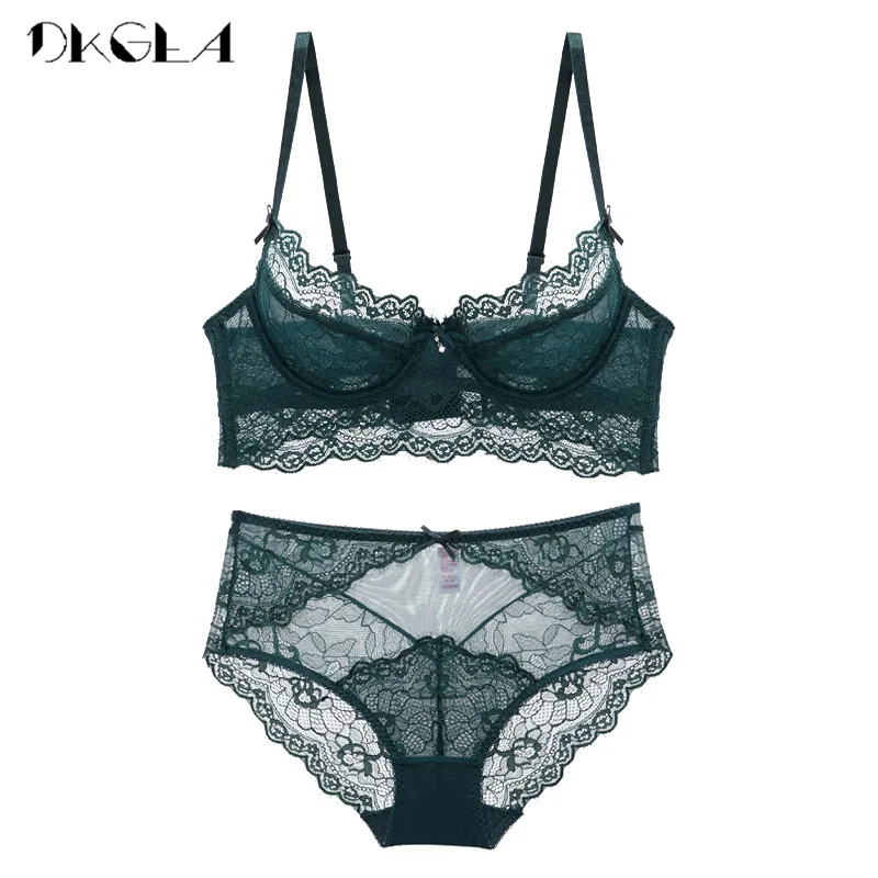 Deep V Sexy Underwear Ultrathin Bra Set Plus Size Brassiere Green Women Lingerie Set Lace Embroidery Transparent Bra Panties Set