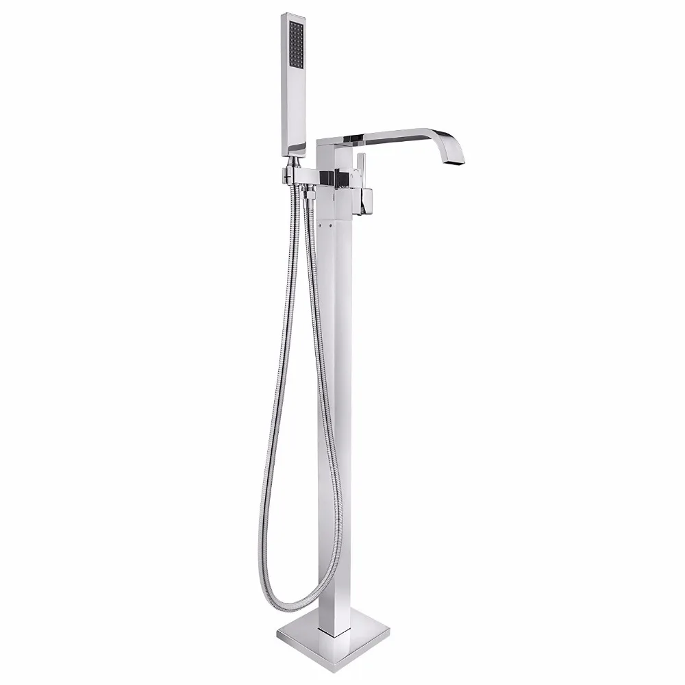 Popular chrome solid brass bathroom Floor Mounted Standing Bathtub Faucet Single Handle Mixer Tap with Handheld Shower Head