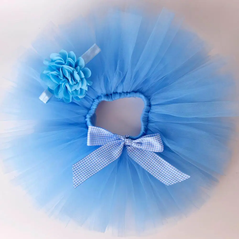 Blue Solid Baby Girls Fluffy Tutu Skirt & Headband Set Newborn Photo Prop Costume Infant Birthday Tulle Tutus For 0-12M