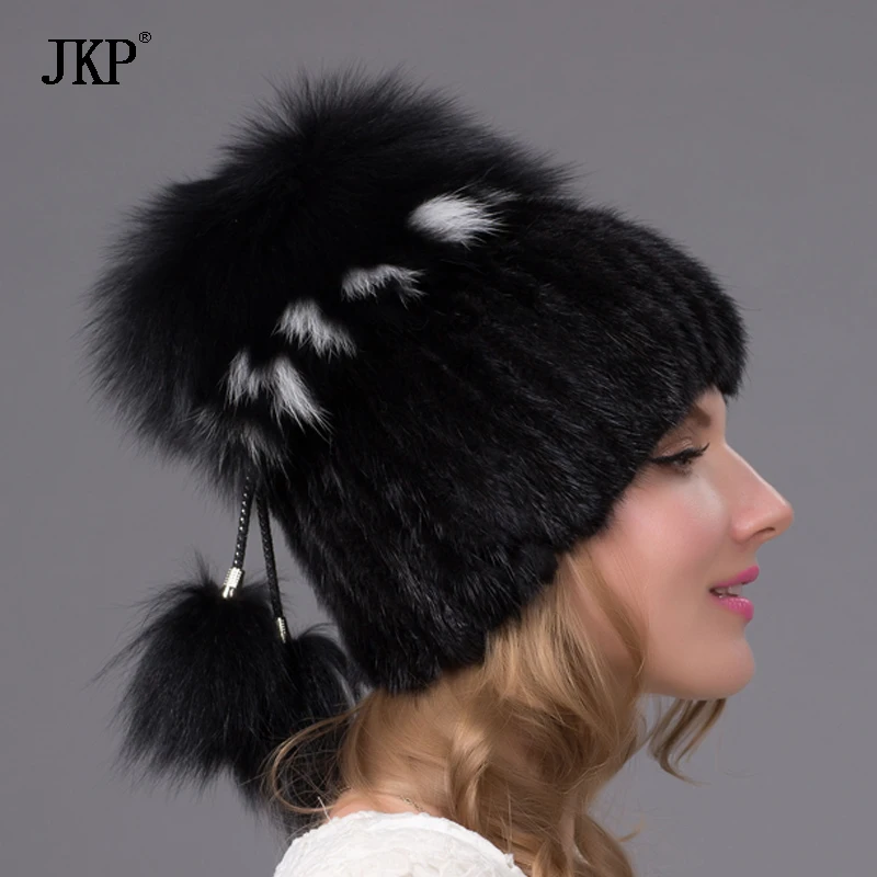 JKP winter Women\'s Fur Hats Knitted Mink Fur Hat  Female With real Fox Fur Pompom Cap Lining Winter Girls Hats For Beanies