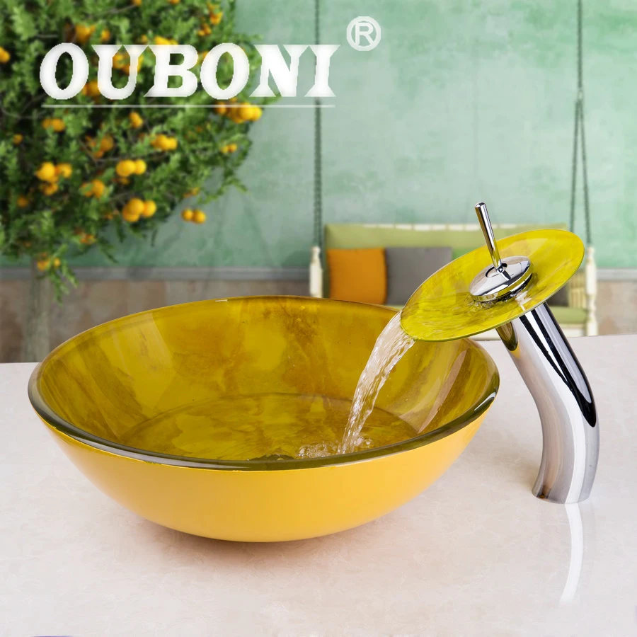 

OUBONI Washbasin Counter Glass Sinks with Faucet Sink Set Hand Painting Artistic Color Basin Sink Waterfall Water Mixer Tap