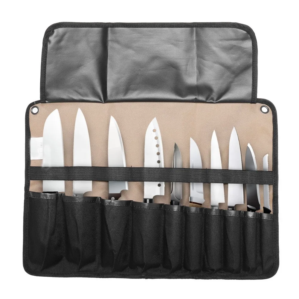 New Coffee 10 Pockets Portable Chef Knife Bag Roll Bag Carry Case Bag Kitchen Cooking Tool Portable Storage Bag Home Garden