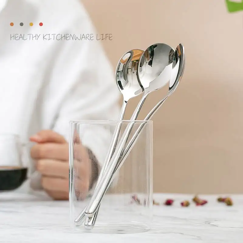 22cm 8.7\'\' Round Spoon Stainless steel Korean spoons Long Hollow Handle Soup Scoop Kitchen Cutlery Dinnerware set  2pc/6ps/10pcs
