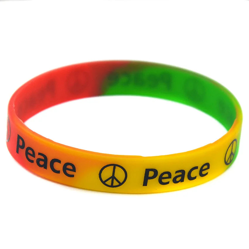 1-teiliges Peace-Armband aus Silikonkautschuk mit bedrucktem Logo in Regenbogenfarben in Schwarz und Weiß – Detail 6