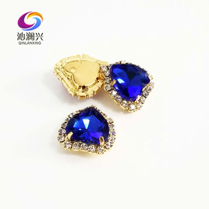 Heart Shape Royalblue Color Crystal Glass Rhinestones, Gold Bottom Sew on Buckle, Used for Needlework, DIY/Sewing Accessories