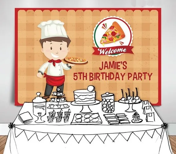 custom Pizza Cook Cute Checkered Birthday background  High quality Computer print party backdrop