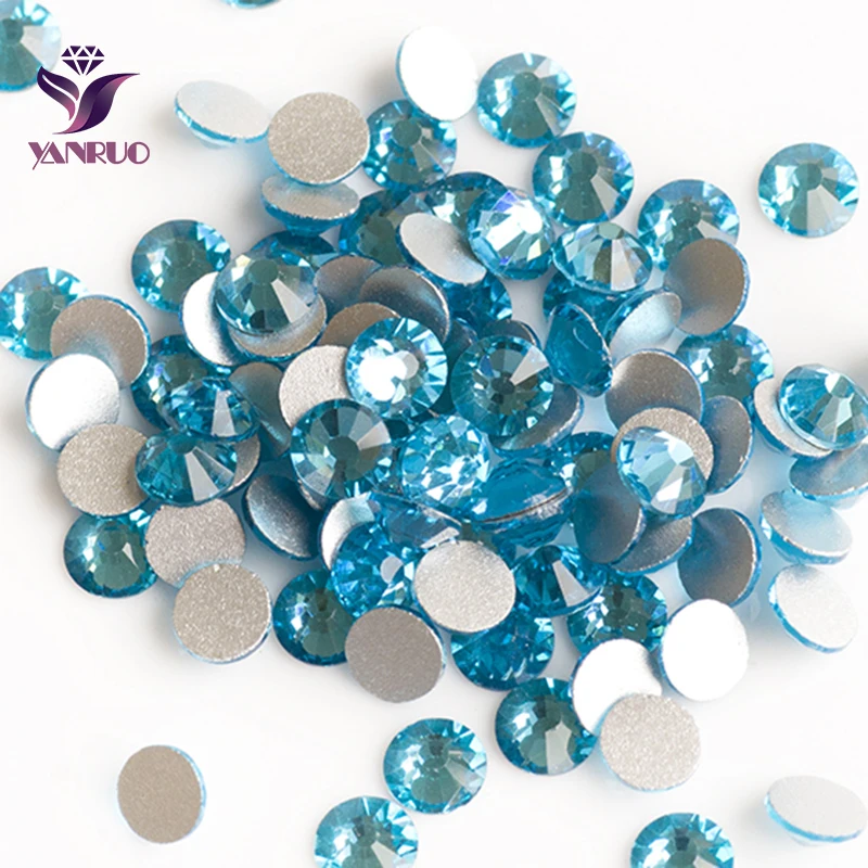 

YANRUO Aquamarine Blue Round Rhinestones Nail Designs Non HotFix Stones Strass Wedding Decoration Nails Glass