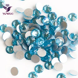 YANRUO Aquamarine Blue Round Rhinestones Nail Designs Non HotFix Stones Strass Wedding Decoration Nails Glass