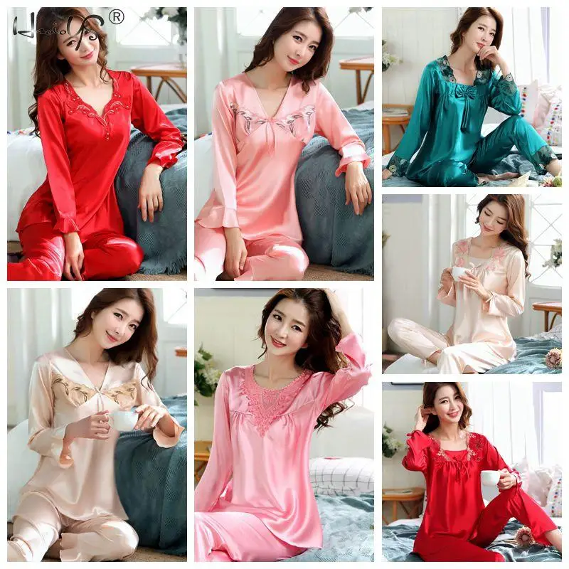 Women\'s Silk Satin Pajamas Set Lounge Pajama Sets Ladies Sexy Flower Lace Sleepwear Pyjamas Nightwear Pajama Suit Lingerie