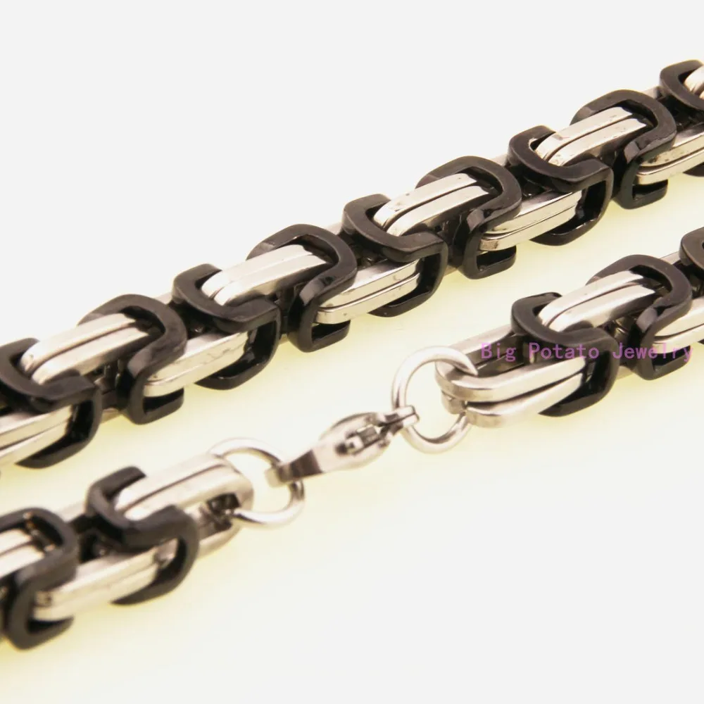 Silver Black Color 7-40inch Custom Sizes Byzantine Box Chain 316L Stainless Steel 8mm Wide Bracelet/Necklace Cool Men Jewelry