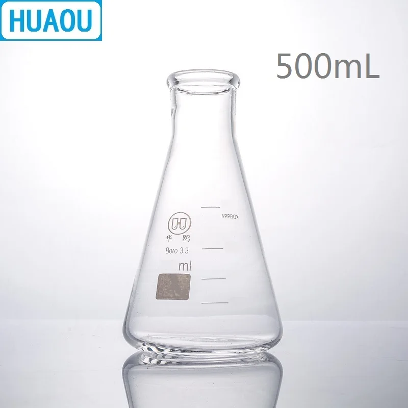 HUAOU 500mL Erlenmeyer Flask Borosilicate 3.3 Glass Narrow Neck Conical Triangle Flask Laboratory Chemistry Equipment