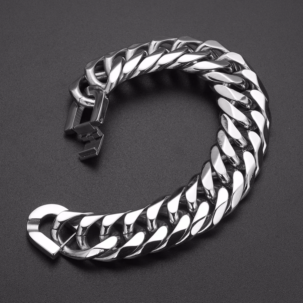 Fashion Hiphop Rock Mens Jewelry Stainless Steel Silver color Curb Cuban Link Chain Bracelet Charm Cool Jewelry 19/21mm Bangles