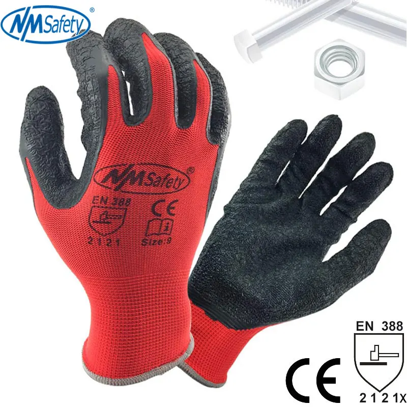 NMSafety Better Grip Ultra-Thin Knit Latex Dip Nylon Red Latex Coated Work Gloves luvas de couro