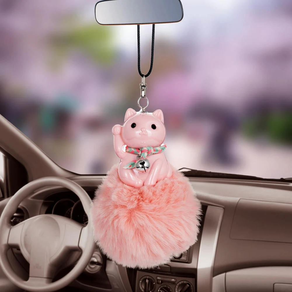 

Car Pendant Plush Ball Lucky Fortune Cat Auto Ornaments Interior Rear View Mirror Decoration Hanging Decor Car Accessories Gifts