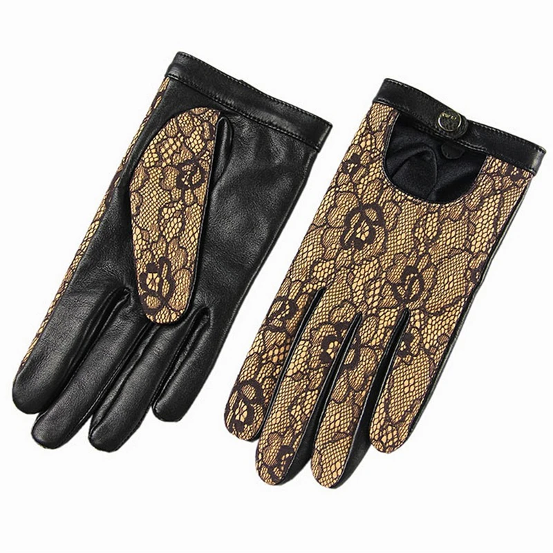 Brand Genuine Leather Gloves High Quality Women Sheepskin Glove Fashion Trend Black Lace Driving Leather Gloves EL030NN