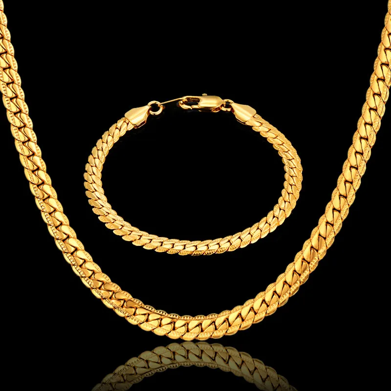 Punk Flat Snake Link Chain Set Male Gold Color Stainless Steel Necklace Bracelet Set For Men Vintage Jewelry Sets & More