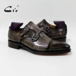 cie Square Captoe Double Monk Straps Patina Olive Grey Handmade Men's Calf Leather Breathable Goodyear Welted Shoe Men MS-01-09